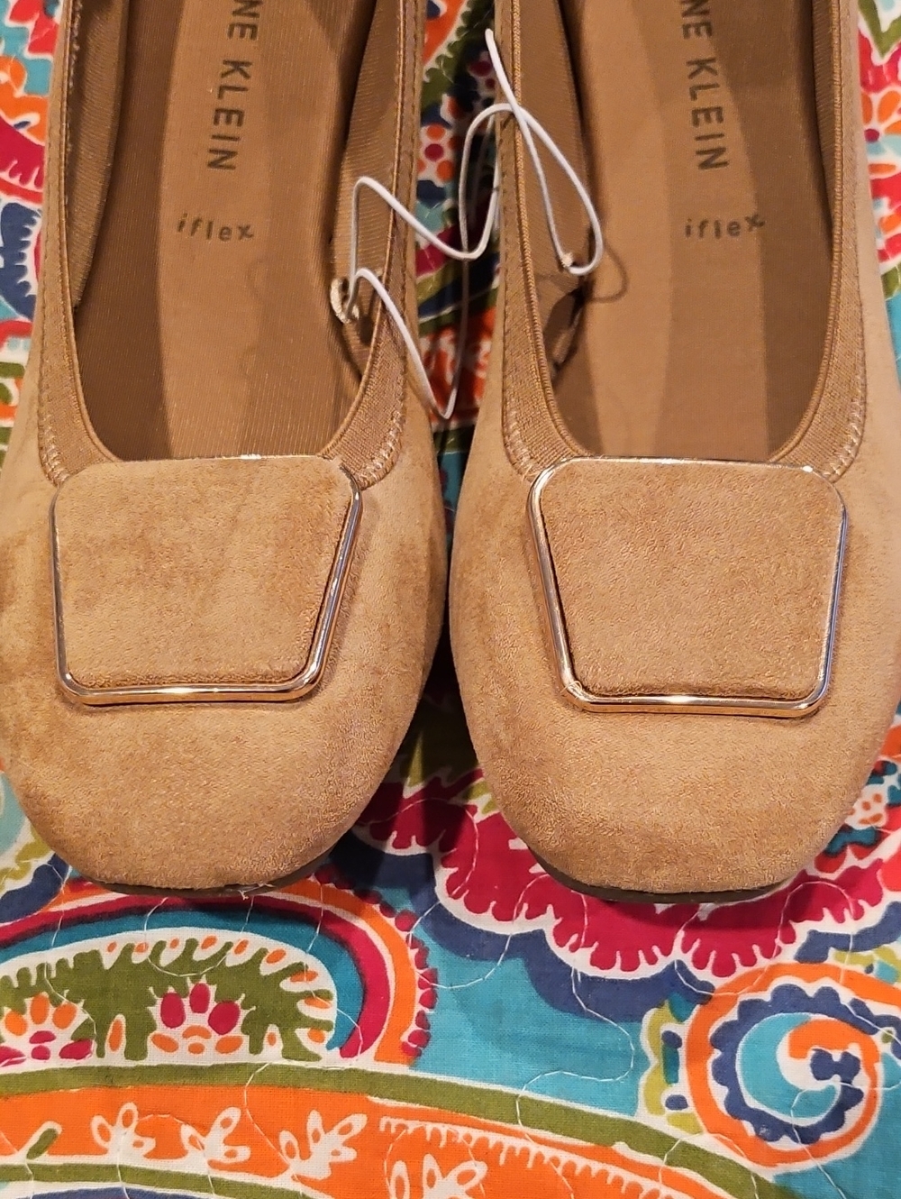 Anne Klein AKUCAL iFlex Tan Suede Square Toe Buckle Flats Size 10M NWOB - Picture 2 of 5